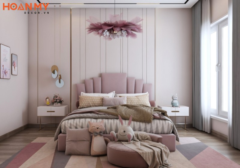 Giường tân cổ điển bọc nỉ màu hồng êm ái, sang trọng
