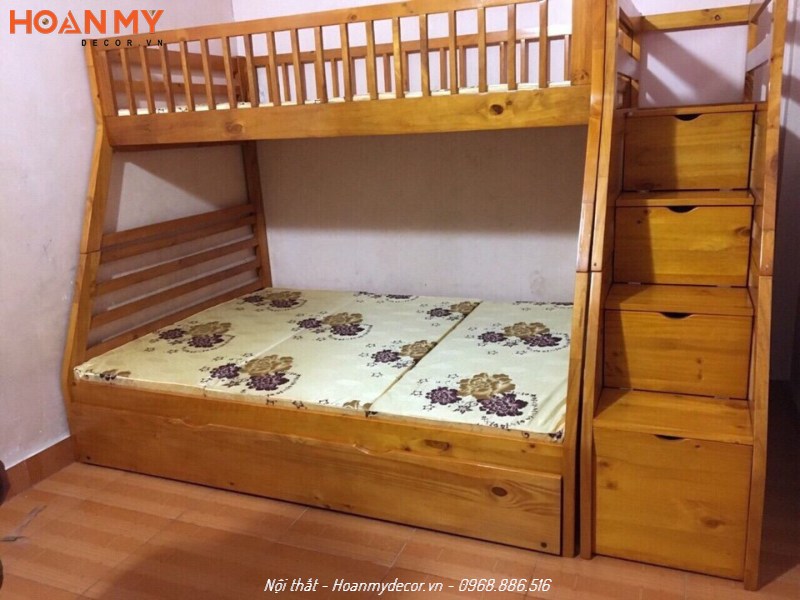Thi công hoàn thiện giường tầng thông minh gỗ tự nhiên