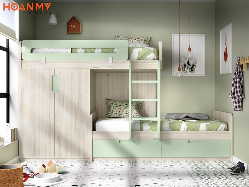 Giường tầng màu xanh có tủ đồ đa năng cho các bé