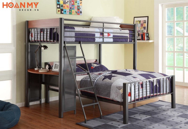 Mẫu giường tầng thông minh bằng sắt màu xám cho không gian phòng ngủ bé trai