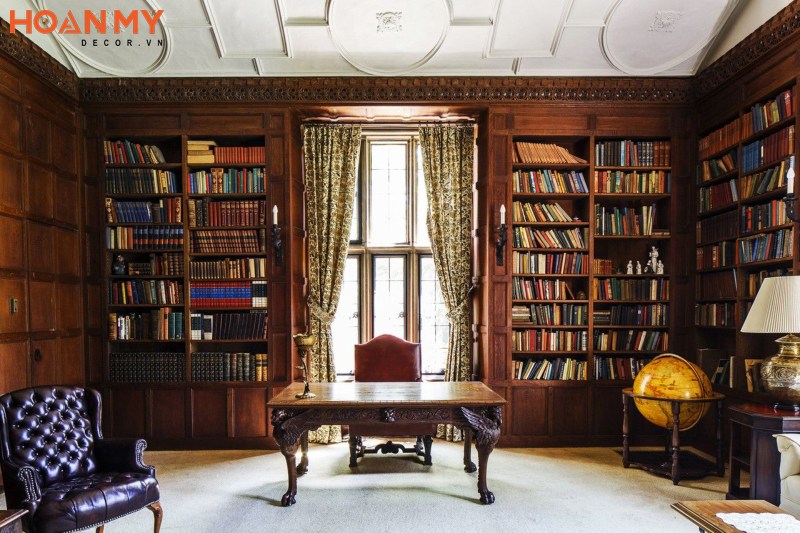 Kết hợp phòng đọc sách và phòng làm việc bằng gỗ tự nhiên cao cấp