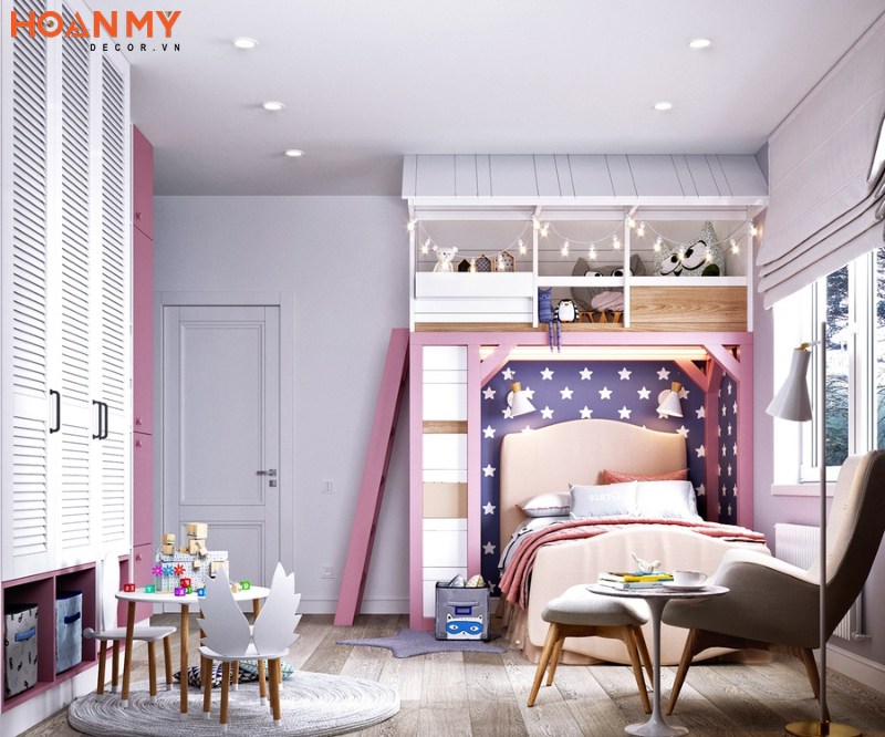Bố trí giường tầng màu hồng siêu dễ thương cho 2 bé gái