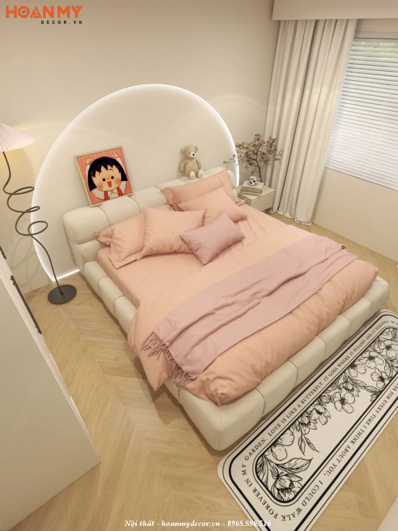 Phòng ngủ màu hồng trắng sang trọng