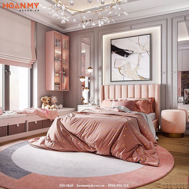 Thiết kế thi công nội thất phòng ngủ màu hồng đào cho bé