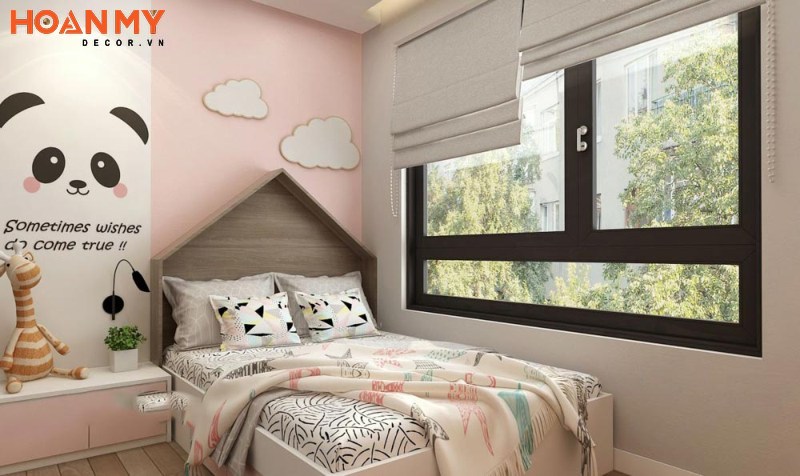 Tone màu hồng - xám tạo nên sự bay bổng cho không gian phòng ngủ