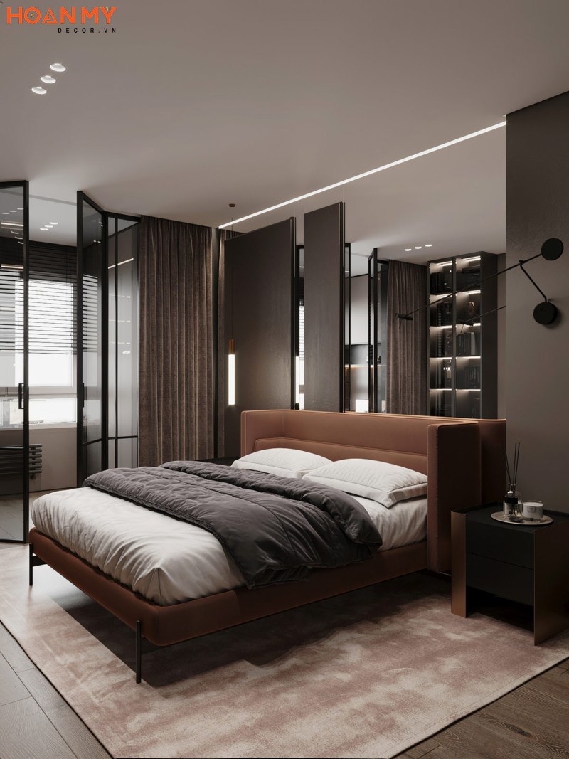 Phòng ngủ master tone màu trầm tạo sự sang trọng, ấm cúng