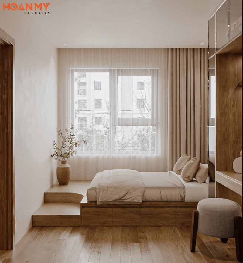 Phòng ngủ kiểu Nhật sử dụng gỗ tự nhiên mộc mạc