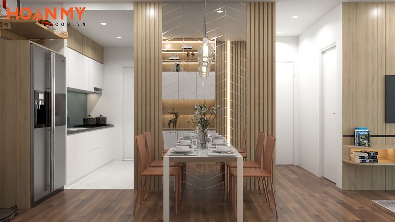 Không gian bếp được thiết kế liên thông với bàn ăn cực kỳ tiện nghi