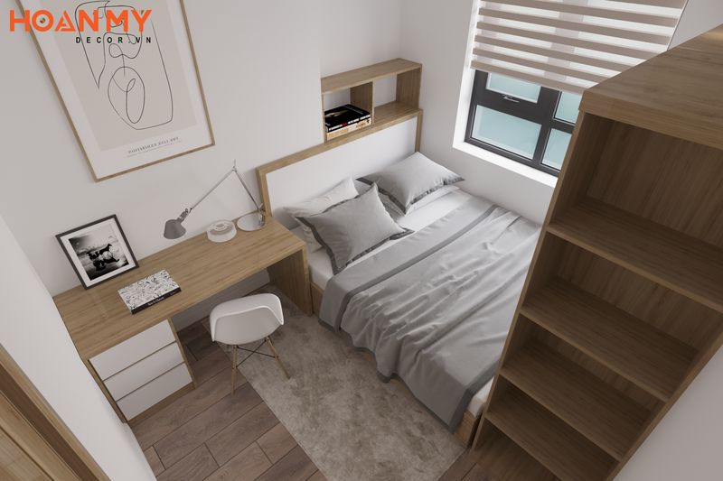 Không gian phòng ngủ với chất liệu gỗ công nghiệp hài hoà tiện nghi