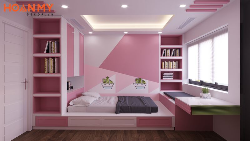 Phòng ngủ cho bé gái với nội thất thông minh tông màu hồng mềm mại