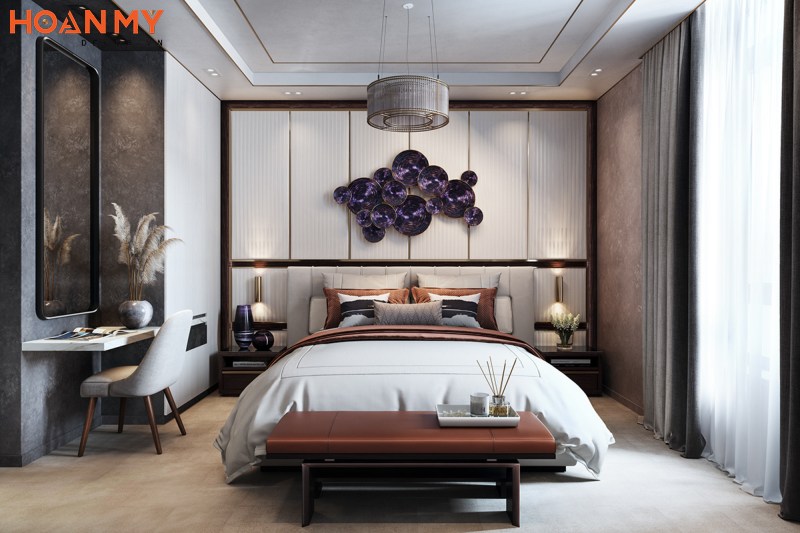 Phòng ngủ master sử dụng tone màu nhẹ nhàng, ấm cúng