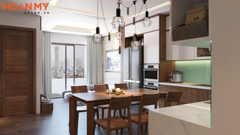 Thiết kế nội thất chung cư Mipec Rubik 360 3 phòng ngủ phòng khách liền bếp