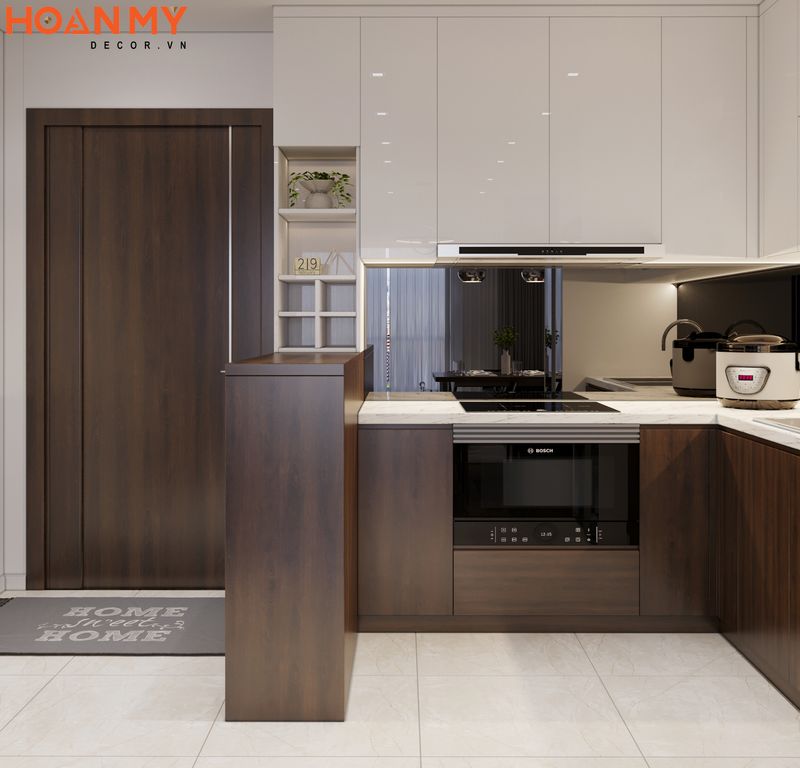 Tủ bếp dưới với chất liệu gỗ tự nhiên cao cấp tủ trên ứng dụng chất liệu gỗ công nghiệp