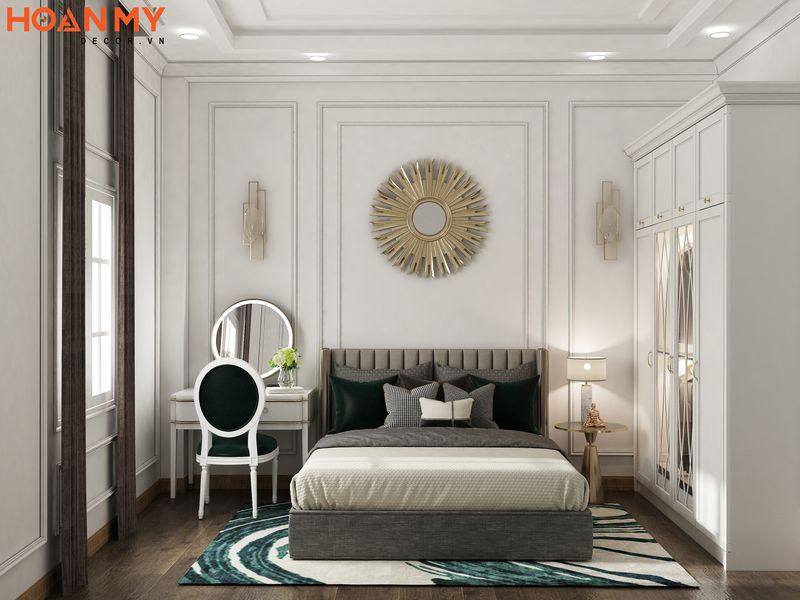 Không gian phòng ngủ với đầy đủ nội thất sử dụng những tông màu tạo điểm nhấn cho không gian căn phòng