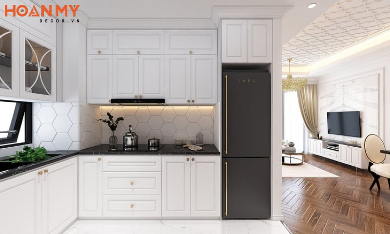 Phòng bếp tân cổ điển thiết kế với gỗ công nghiệp chữ L đơn giản cho căn hộ chung cư