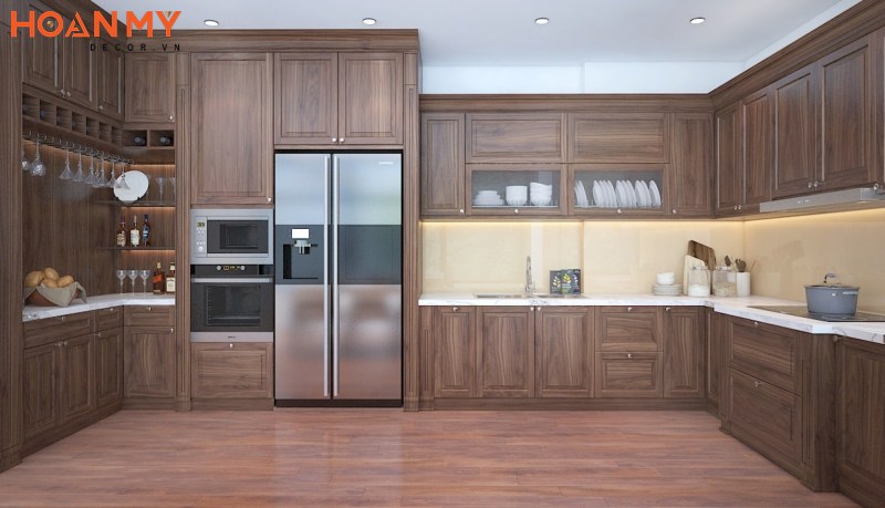 Tủ bếp với một không gian tân cổ điển gỗ tự nhiên óc chó sang trọng cho không gian bếp