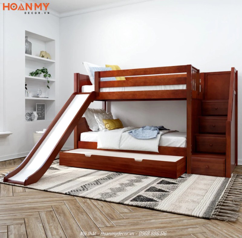 Giường ngủ gỗ sồi tự nhiên có cầu trượt cho bé