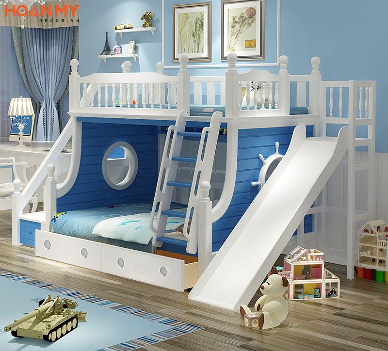 Giường tầng màu xanh đẹp cho bé trai