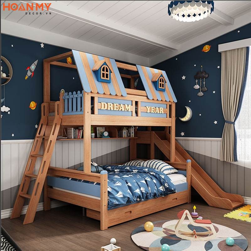 Giường tầng gỗ tự nhiên thông minh thiết kế chắc chắn và an toàn cho con