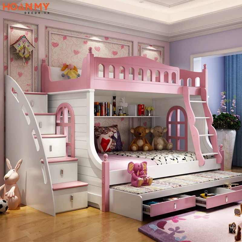 Giường tầng trẻ em màu hồng 