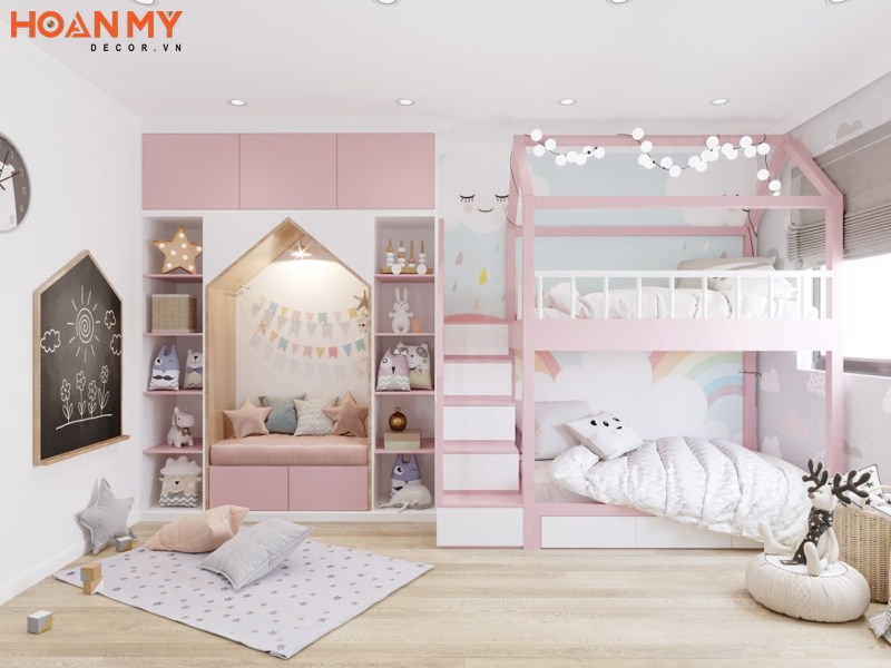 Giường tầng màu hồng đẹp rộng rãi cho con gái