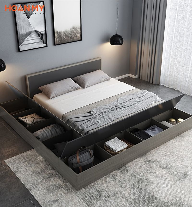 mẫu giường gỗ sồi có ngăn kéo được thiết kế theo 3 kiểu đó là giường hộc kéo vai phải, giường có hộc kéo vai trái hay giường ngủ có hộc kéo đuôi