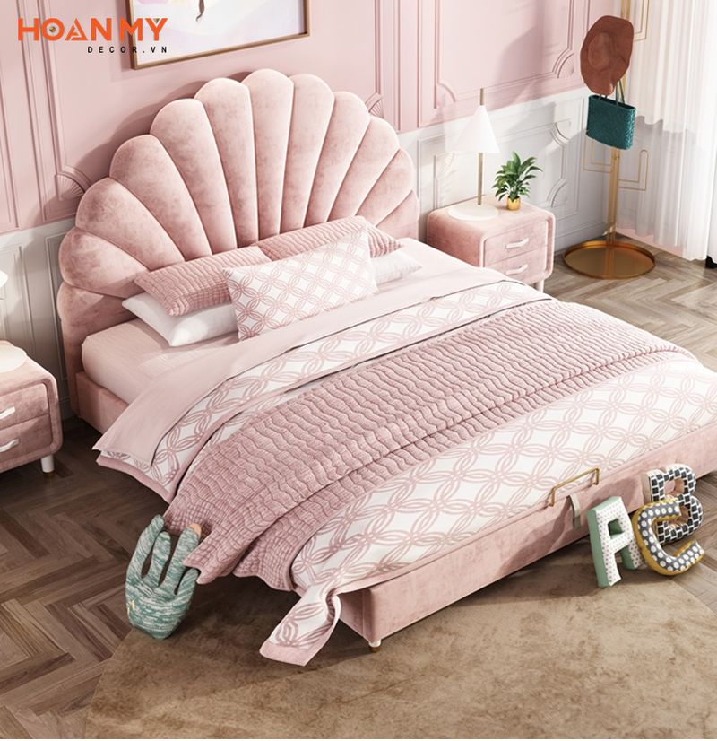 Giường ngủ với khung gỗ sồi ứng dụng kết hợp với nệm bọc nhung cao cấp