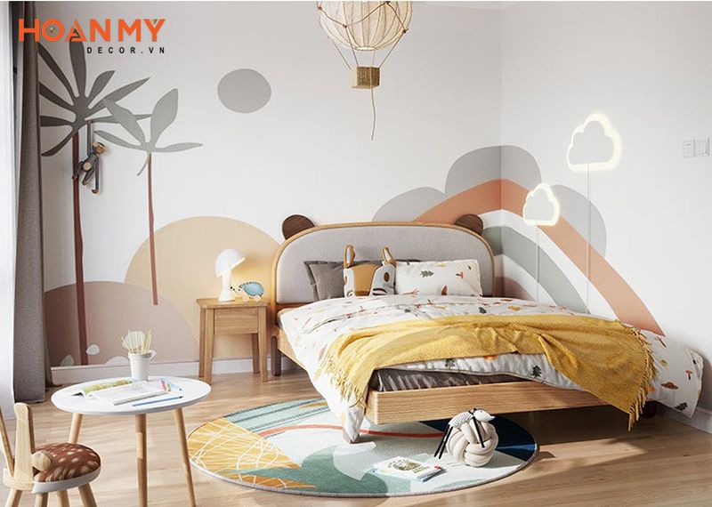 Giường ngủ với khung gỗ sồi ứng dụng kết hợp với nệm bọc nỉ cao cấp phù hợp với phòng ngủ bé gái