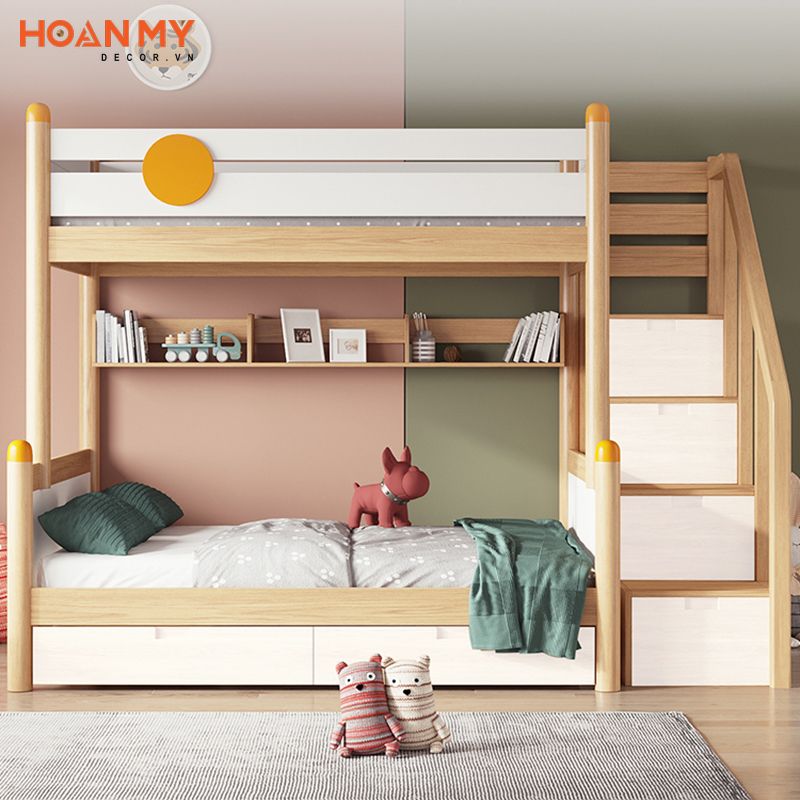 Gỗ sồi tự nhiên kết hợp gỗ công nghiệp trong thiết kế giường tầng cho bé