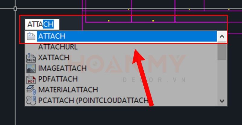 Nhập lệnh ATTACH > Ấn Space hoặc Enter