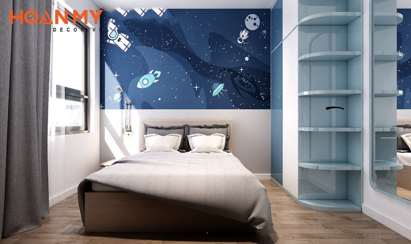 Phòng ngủ màu xanh và sơn tường vũ trụ