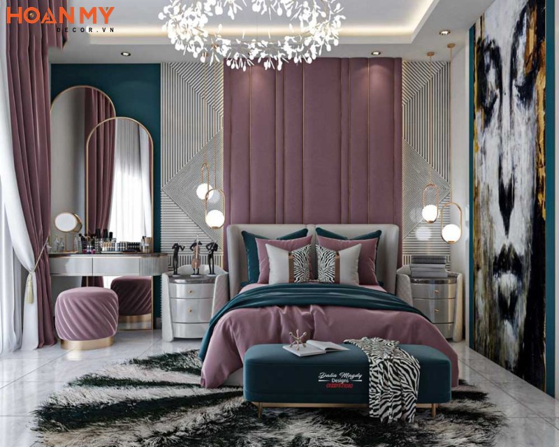 Thiết kế phòng ngủ màu tím nhẹ nhàng phong cách Tân cổ điển