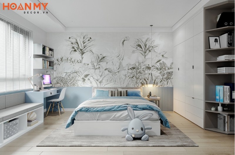 Phòng ngủ màu xanh sử dụng tranh dán tường 3D đẹp