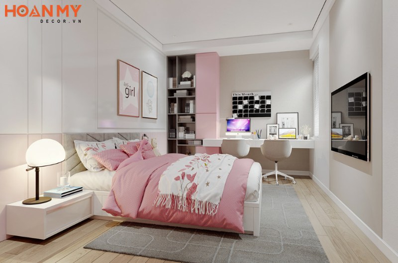 Phòng ngủ màu hồng cực dễ thương cho bé gái