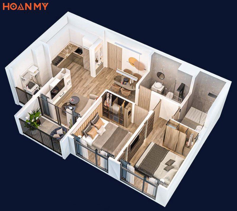Thiết kế căn hộ chung cư 60m2 2 phòng ngủ cho bố mẹ và con trai lớn phong cách hiện đại, tiện nghi. Không gian sinh hoạt chung được thiết kế 1 bên, tạo sự phân chia bố cục khoa học, hài hoà.