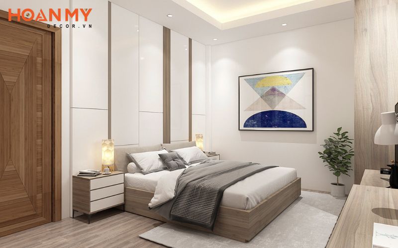 Không gian phòng ngủ thiết kế đơn giản với tông màu tối giản