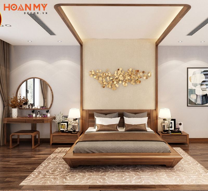 Không gian nội thất phòng ngủ thiết kế ấn tượng tinh tế với 2 tông màu trắng và vân gỗ chủ đạo