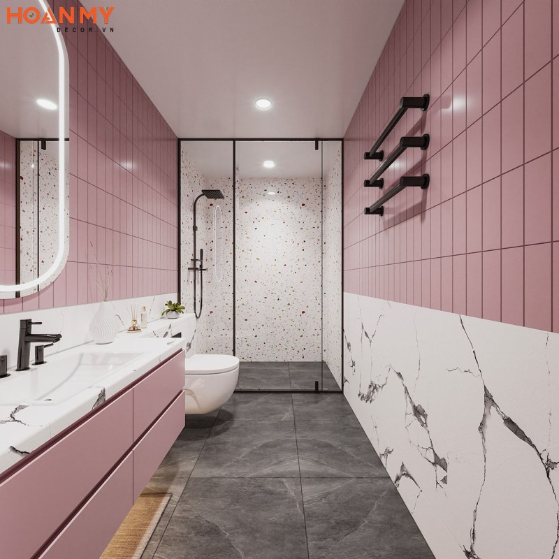 Phòng tắm với tone màu hồng - trắng kết hợp
