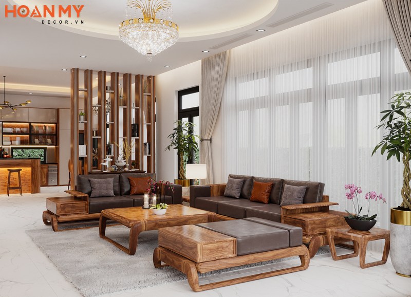 Bộ sofa gỗ Óc Chó cao cấp tạo ấn tượng cho không gian phòng khách