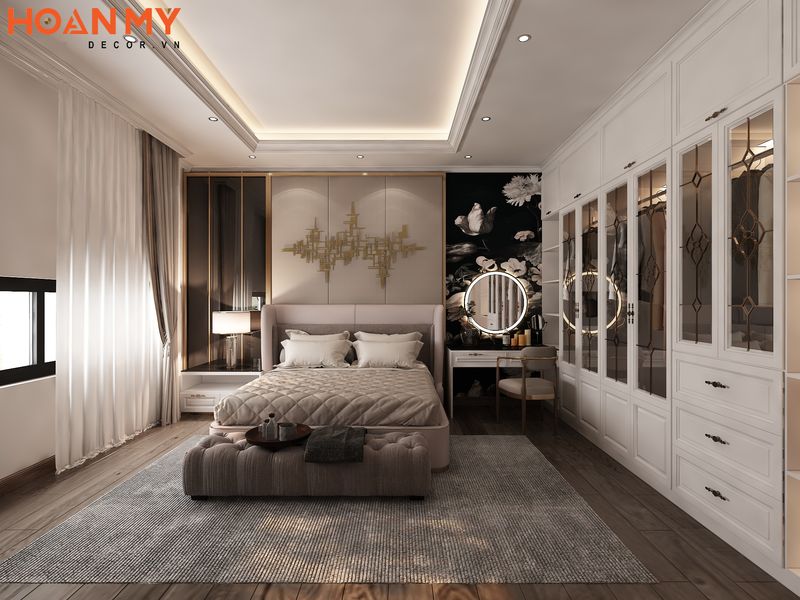 Không gian phòng ngủ master được ứng dụng tông màu tối giản nhẹ nhàng