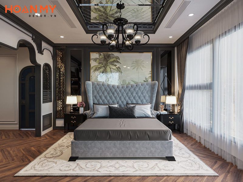 Không gian nội thất phòng ngủ chính được thiết kế ấn tượng tinh tế với tông màu trầm ấm cúng