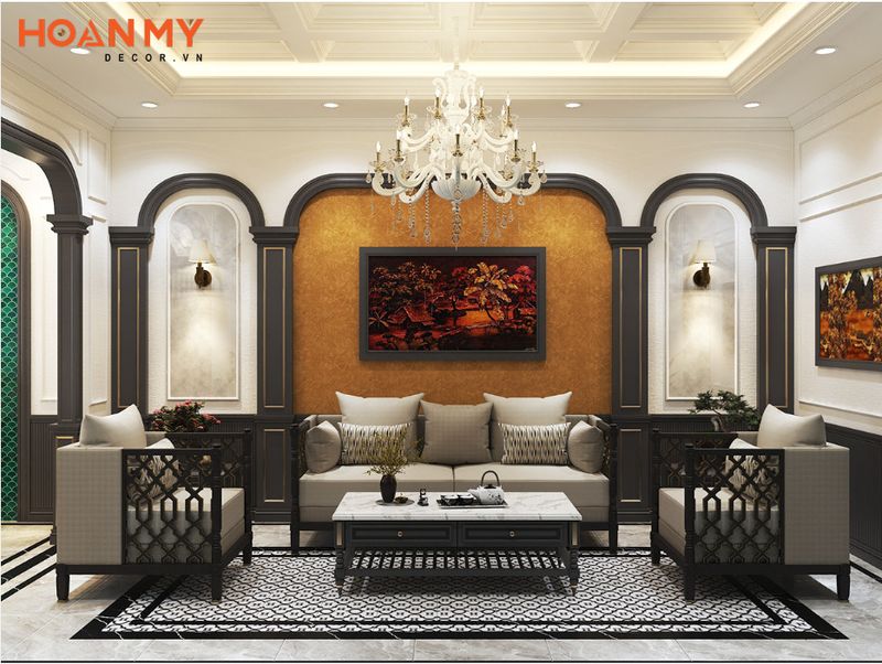 Không gian nội thất phòng khách được thiết kế theo phong cách Indochine nhẹ nhàng tinh tế