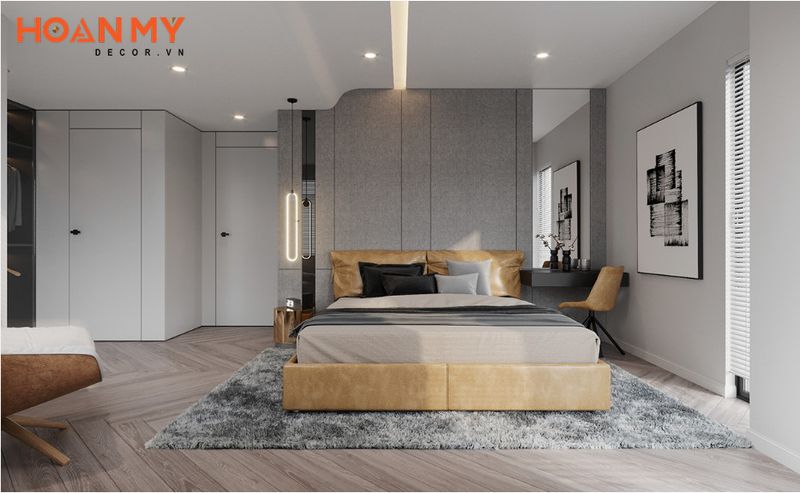 Phòng ngủ thiết kế rộng rãi tiện nghi với tông màu trung tính nhẹ nhàng
