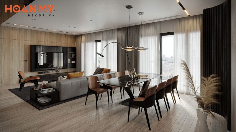 Không gian phòng khách bếp được thiết kế ấn tượng tận dụng triệt để nguồn ánh sáng tự nhiên