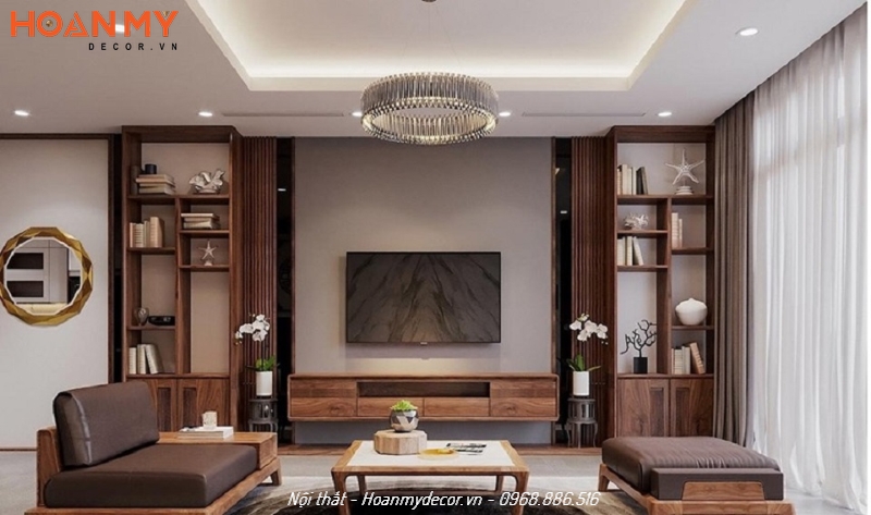 Thiết kế phòng khách 20m2 với nội thất gỗ Óc Chó sang trọng theo phong cách hiện đại