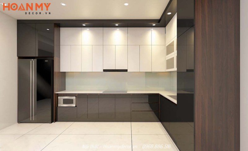 Kết hợp màu trắng - đen bóng gương cho tủ bếp nhà đẹp