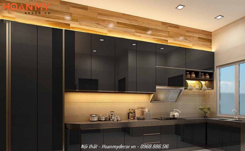 Tủ bếp acrylic chữ l màu đen kết hợp với vân gỗ sang trọng, độc đáo