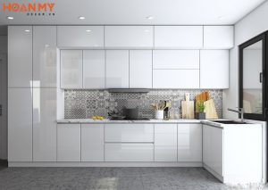 Tủ bếp màu trắng với chất liệu Acrylic bóng gương đẹp