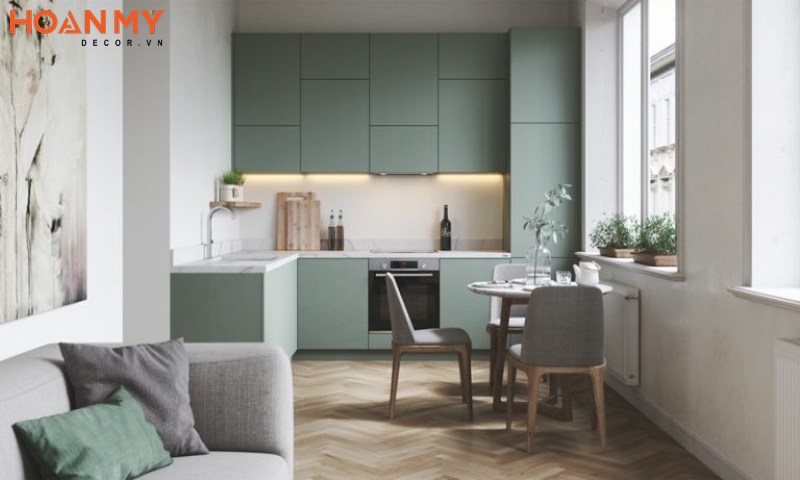 Tủ bếp xanh ngọc mang đến cảm giác trong trẻo, mát mẻ cho căn bếp của gia đình