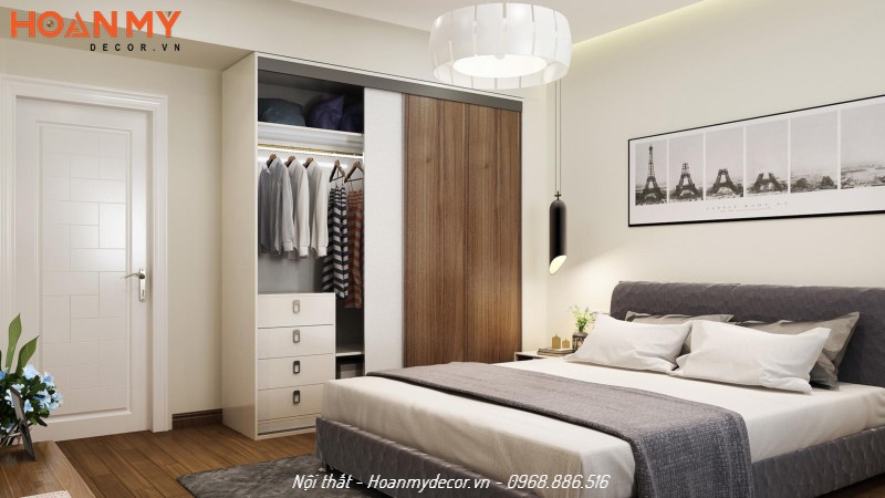 Tủ áo chất liệu gỗ MDF phủ Laminate kết hợp màu trắng và vân gỗ thẩm mỹ